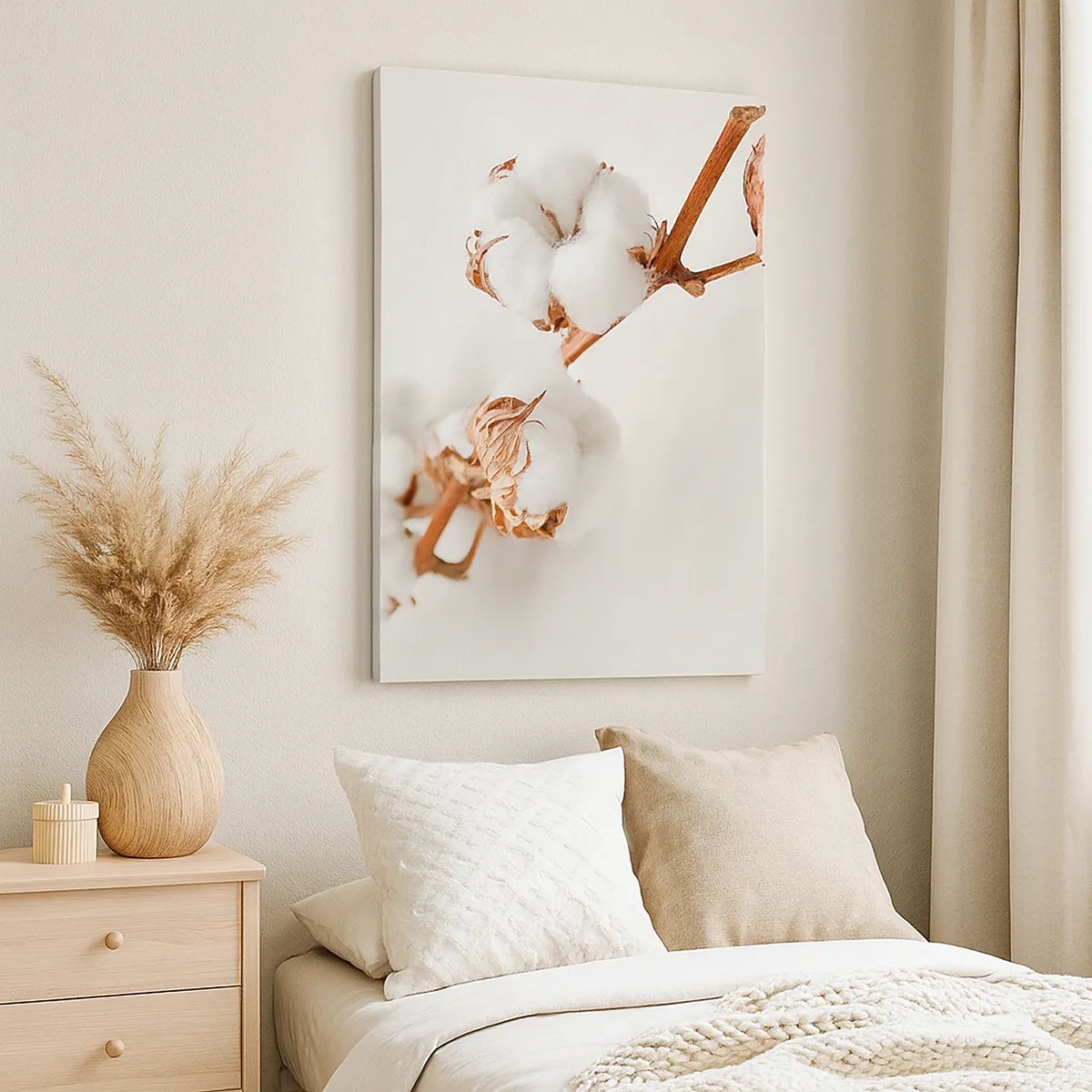 Cuadro sobre lienzo - Impresión de Imagen - Una ramita de algodón sobre un fondo sutil. - 50x70cm - Un suave tacto - Decoración de pared moderna para salón y dormitorio ARTTOR