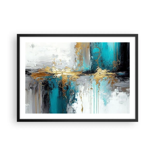 Póster en marco negro - Una composición abstracta con acentos turquesa y dorado. - 70x50cm - Todo fluye - Decoración de pared moderna para salón y dormitorio ARTTOR