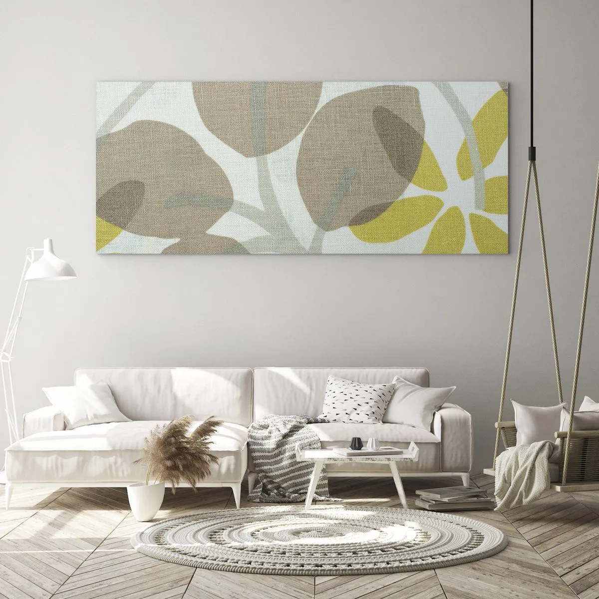 Cuadro sobre vidrio - Impresiones sobre Vidrio - Hojas abstractas en tonos beige y amarillo. - 160x50cm - Composición a pleno sol - Decoración de pared moderna para salón y dormitorio ARTTOR