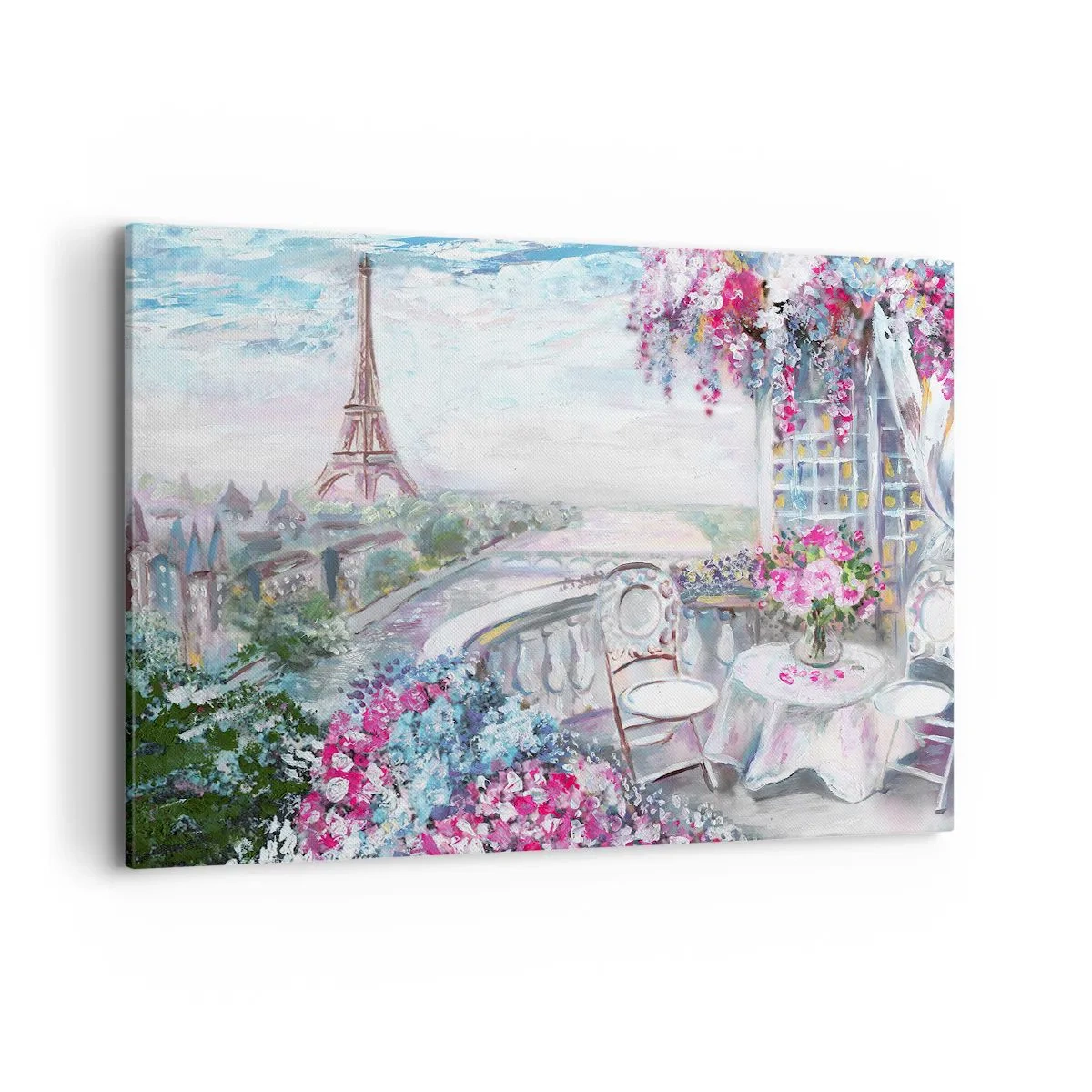 Cuadro sobre lienzo - Impresión de Imagen - Una vista romántica de París con la Torre Eiffel y un balcón lleno de flores. - 100x70cm - Mayo mágico en París - Decoración de pared moderna para salón y dormitorio ARTTOR