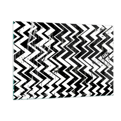 Cuadro sobre vidrio - Impresiones sobre Vidrio - Un patrón en zigzag en blanco y negro con una composición y textura dinámicas. - 120x80cm - Zig-blanco, zag-negro - Decoración de pared moderna para salón y dormitorio ARTTOR