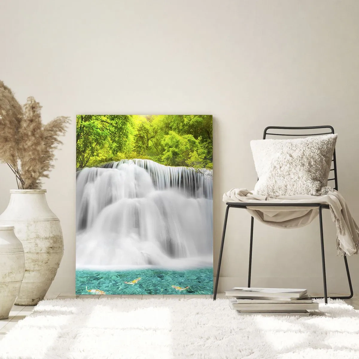 Cuadro sobre vidrio - Impresiones sobre Vidrio - Una cascada en un bosque tropical con agua turquesa. - 80x120cm - Cascada espumosa, de verde a azul - Decoración de pared moderna para salón y dormitorio ARTTOR