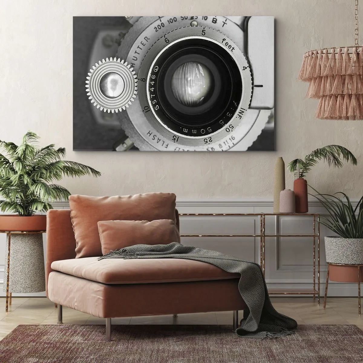 Cuadro sobre lienzo - Impresión de Imagen - La lente de una cámara antigua - 120x80cm - Una historia de Hollywood - Decoración de pared moderna para salón y dormitorio ARTTOR