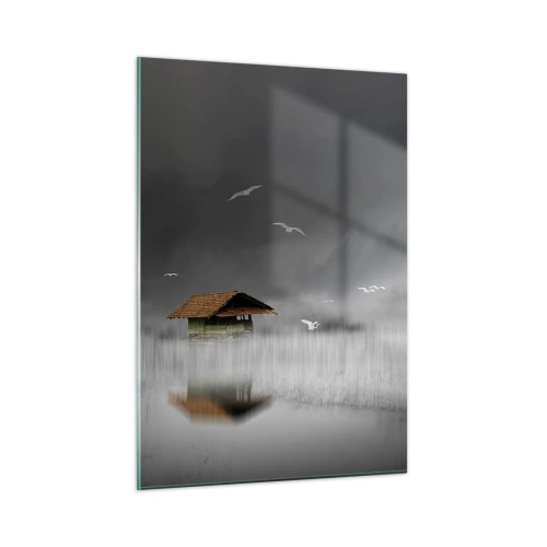Cuadro sobre vidrio - Impresiones sobre Vidrio - Una casa sobre el agua en la niebla con pájaros volando. - 50x70cm - Resguardo de la lluvia - Decoración de pared moderna para salón y dormitorio ARTTOR