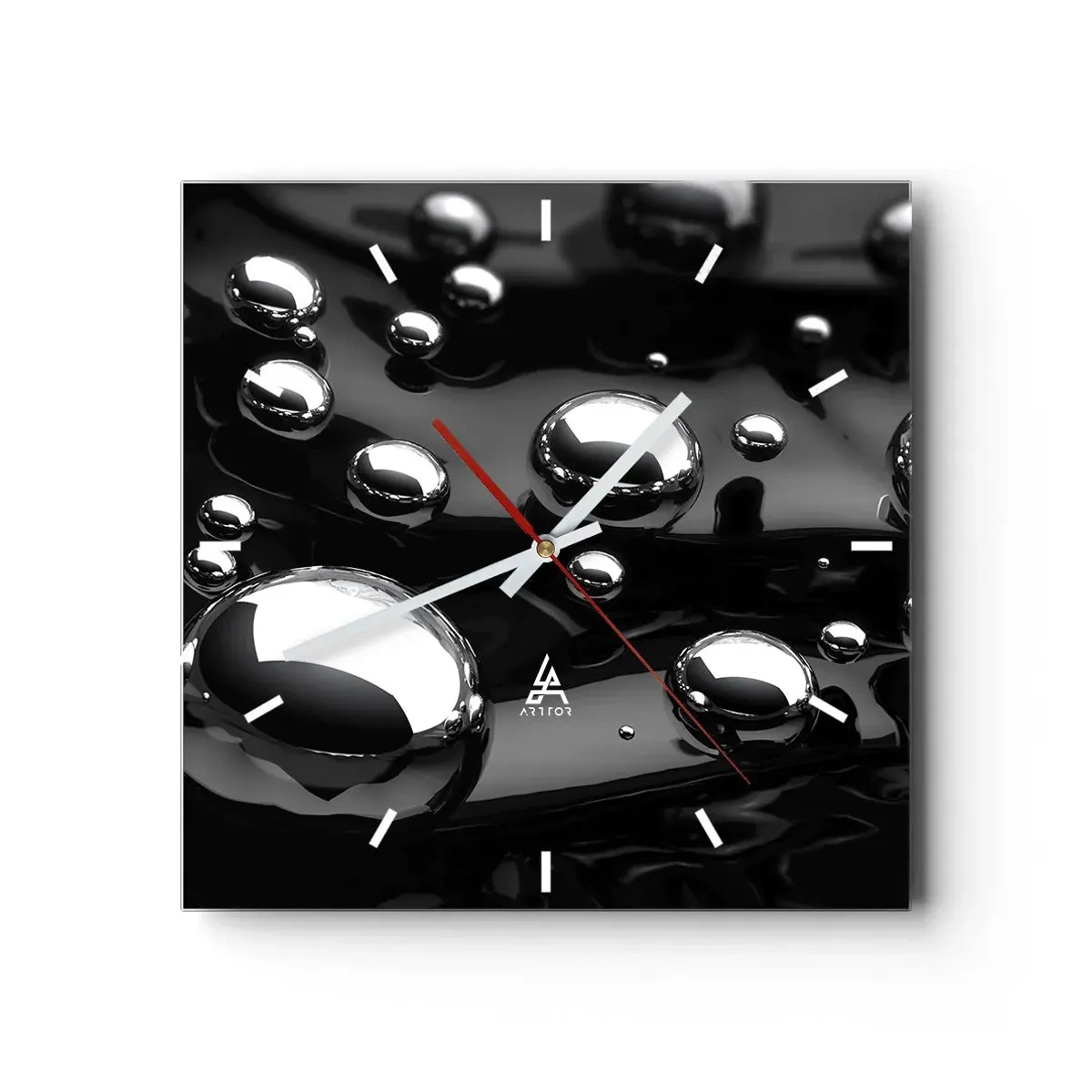 Reloj de pared - Reloj de vidrio - Gotas abstractas sobre una superficie negra - 30x30cm - De las negras profundidades - Decoración de pared moderna para salón y dormitorio ARTTOR