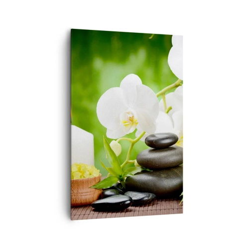 Cuadro sobre lienzo - Impresión de Imagen - Orquídeas, velas y piedras rodeadas de naturaleza. - 80x120cm - Un toque fragante, floral y suave - Decoración de pared moderna para salón y dormitorio ARTTOR