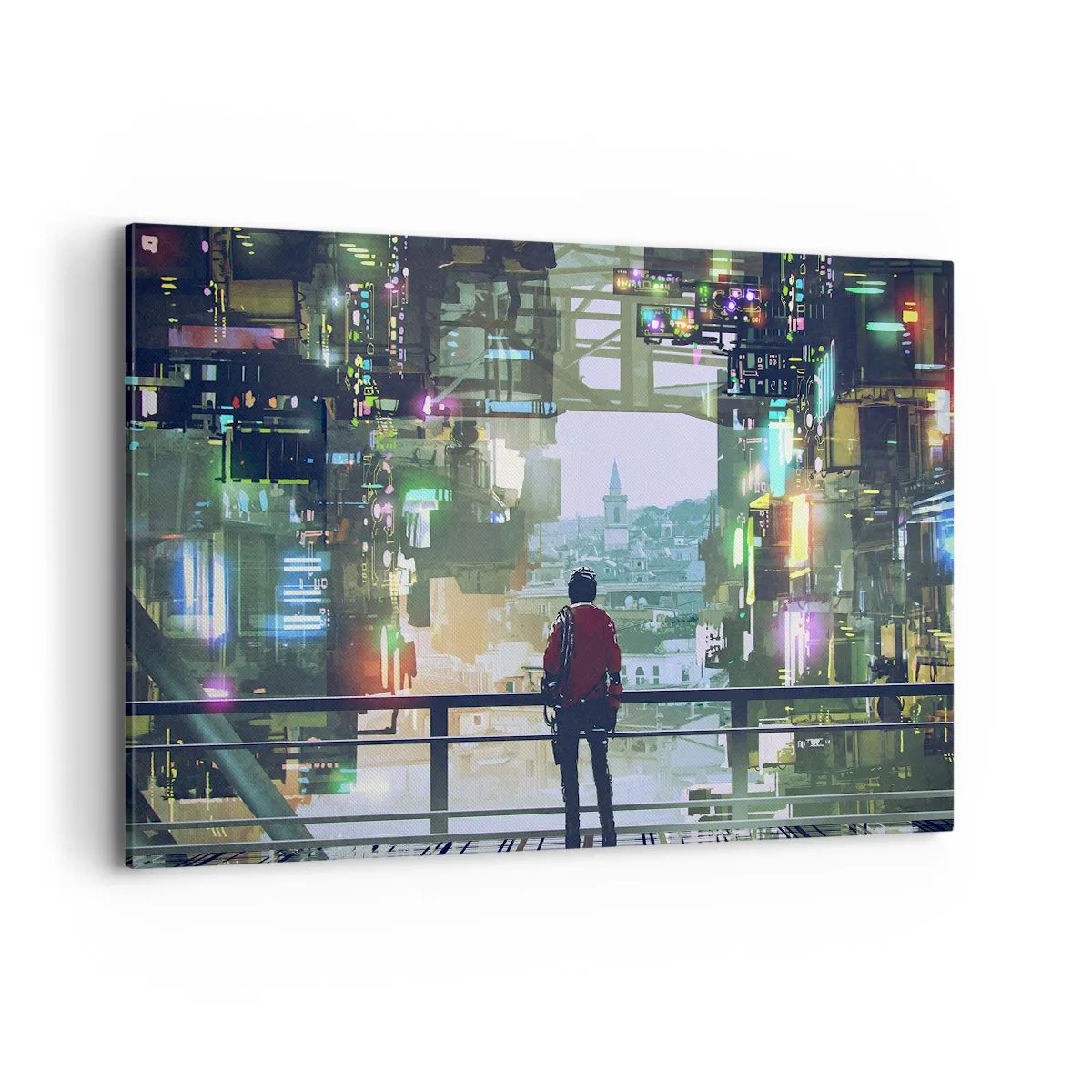 Cuadro sobre lienzo - Impresión de Imagen - Una figura en una ciudad futurista con luces de neón. - 120x80cm - Dos mundos - Decoración de pared moderna para salón y dormitorio ARTTOR