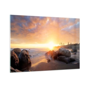 Cuadro sobre vidrio - Impresiones sobre Vidrio - Puesta de sol sobre el mar con piedras en la orilla - 100x70cm - Brisa luminosa del atardecer - Decoración de pared moderna para salón y dormitorio ARTTOR