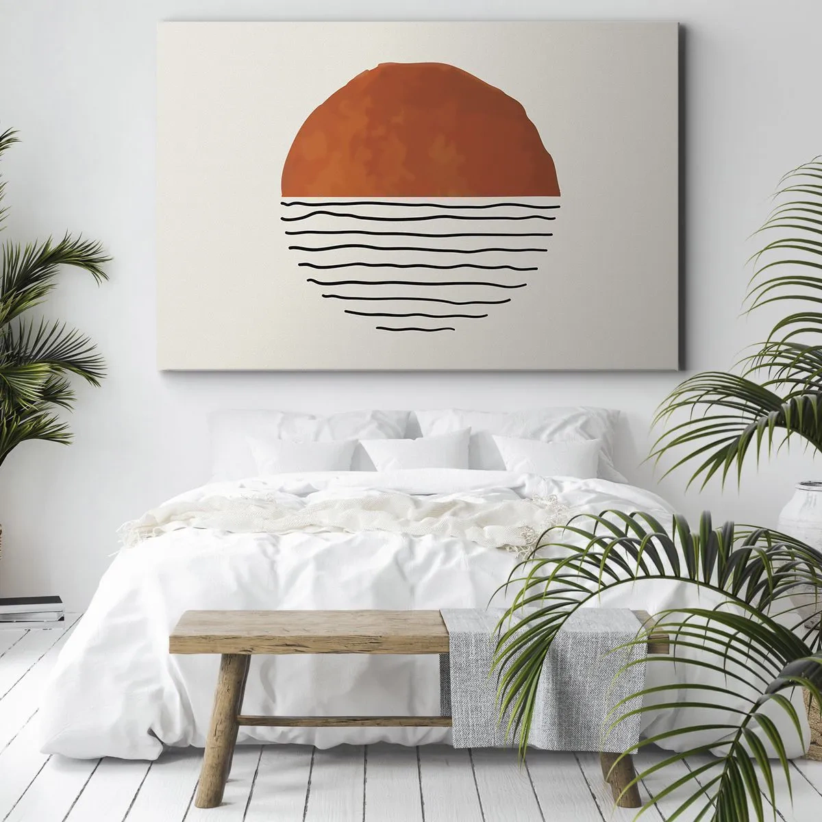 Cuadro sobre lienzo - Impresión de Imagen - Una puesta de sol minimalista sobre líneas onduladas - 100x70cm - En un ambiente japonés - Decoración de pared moderna para salón y dormitorio ARTTOR