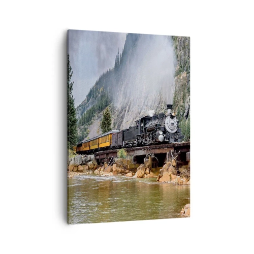 Cuadro sobre lienzo - Impresión de Imagen - Una locomotora de vapor en un puente en un pintoresco paisaje montañoso. - 50x70cm - ¿Adónde me llevas? - Decoración de pared moderna para salón y dormitorio ARTTOR