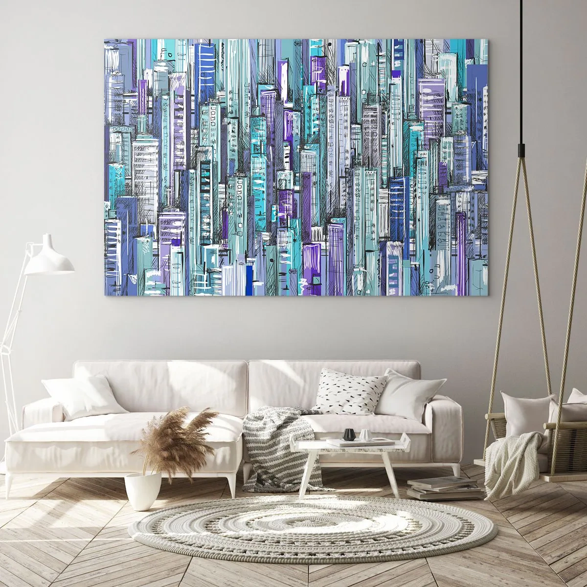 Cuadro sobre vidrio - Impresiones sobre Vidrio - Ilustración de una ciudad llena de rascacielos en tonos fríos. - 70x50cm - Azul del cielo - Decoración de pared moderna para salón y dormitorio ARTTOR