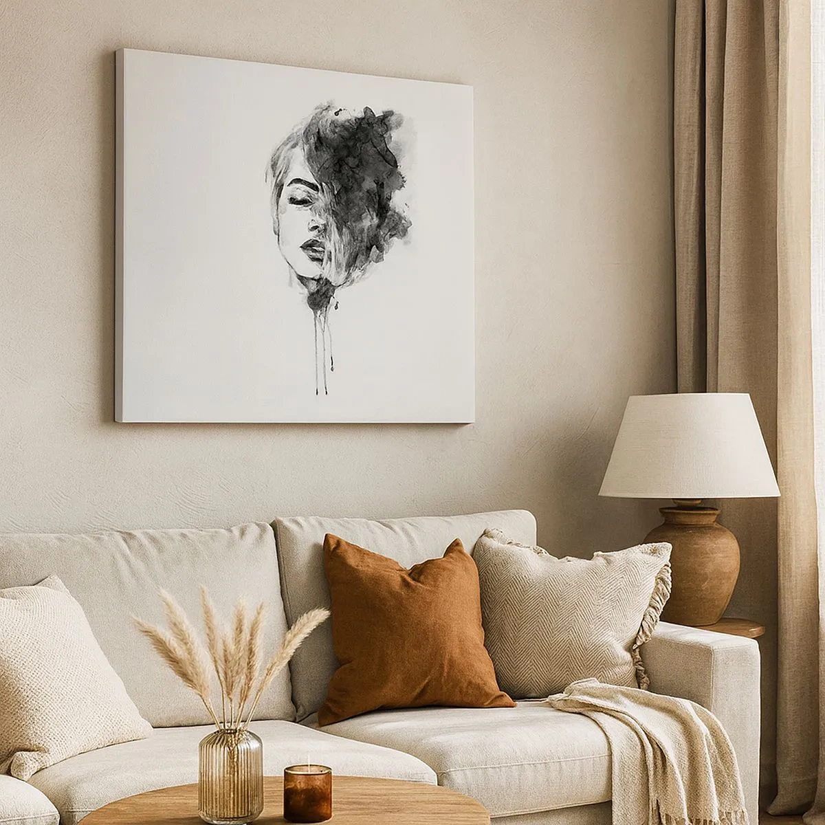 Cuadro sobre lienzo - Impresión de Imagen - Retrato artístico de una mujer en técnica de acuarela con detalles abstractos. - 70x50cm - Sueños en femenino - Decoración de pared moderna para salón y dormitorio ARTTOR