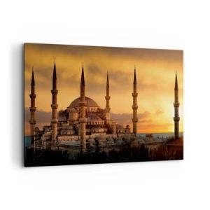 Cuadro sobre lienzo - Impresión de Imagen - La mezquita al atardecer en colores cálidos. - 100x70cm - Dios es grande - Decoración de pared moderna para salón y dormitorio ARTTOR