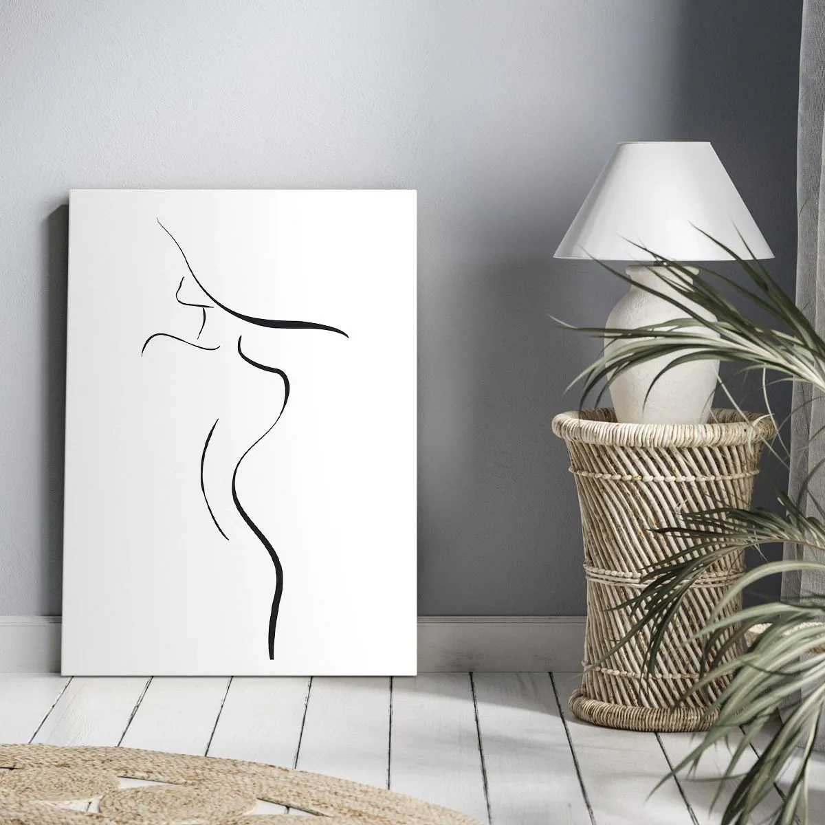 Cuadro sobre lienzo - Impresión de Imagen - Contorno minimalista de una silueta femenina sobre un fondo blanco. - 50x70cm - Escurridiza como una ola - Decoración de pared moderna para salón y dormitorio ARTTOR
