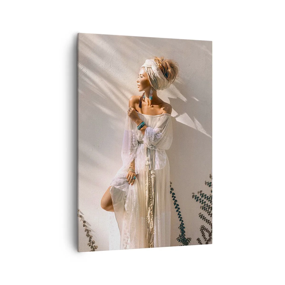 Cuadro sobre lienzo - Impresión de Imagen - Una mujer de estilo boho iluminada por los rayos del sol. - 70x100cm - El sol y la joven - Decoración de pared moderna para salón y dormitorio ARTTOR