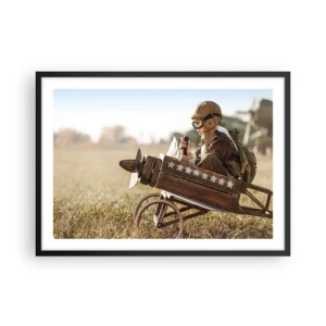 Póster en marco negro - Un niño en un avión de juguete con un campo al fondo. - 70x50cm - Despegue hacia un sueño - Decoración de pared moderna para salón y dormitorio ARTTOR