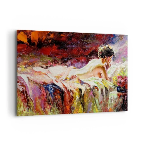 Cuadro sobre lienzo - Impresión de Imagen - Una mujer acostada en una cama sobre un fondo de colores abstractos. - 100x70cm - Una Venus reflexiva - Decoración de pared moderna para salón y dormitorio ARTTOR