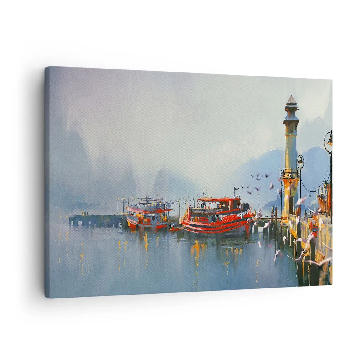 Cuadro sobre lienzo - Impresión de Imagen - Un puerto con barcos rojos rodeado de un paisaje brumoso. - 70x50cm - En el fin del mundo - Decoración de pared moderna para salón y dormitorio ARTTOR