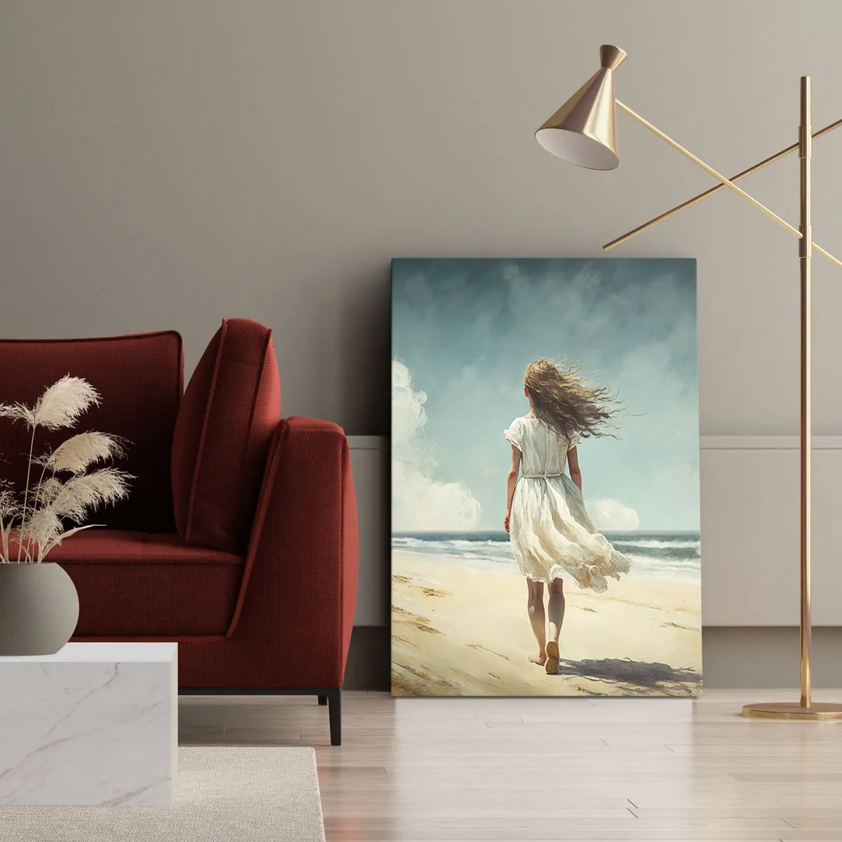 Cuadro sobre lienzo - Impresión de Imagen - Una mujer con un vestido blanco caminando por la playa en un día soleado. - 50x70cm - Al encuentro del sol y del viento - Decoración de pared moderna para salón y dormitorio ARTTOR