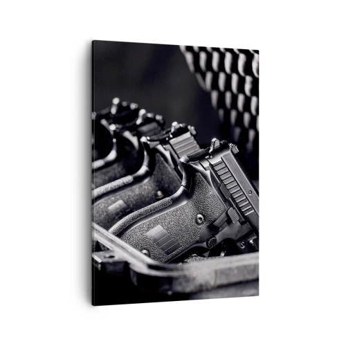 Cuadro sobre lienzo - Impresión de Imagen - Una imagen en blanco y negro de una pila de armas en una maleta. - 50x70cm - ¡Fuego! - Decoración de pared moderna para salón y dormitorio ARTTOR