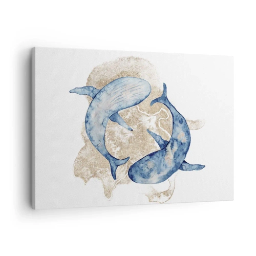 Cuadro sobre lienzo - Impresión de Imagen - Ballenas azules abstractas sobre un fondo claro - 70x50cm - ¿Amistad o amor? - Decoración de pared moderna para salón y dormitorio ARTTOR
