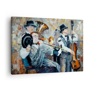 Cuadro sobre lienzo - Impresión de Imagen - Músicos de jazz en estilo pictórico durante un concierto. - 70x50cm - Todo ese jazz - Decoración de pared moderna para salón y dormitorio ARTTOR