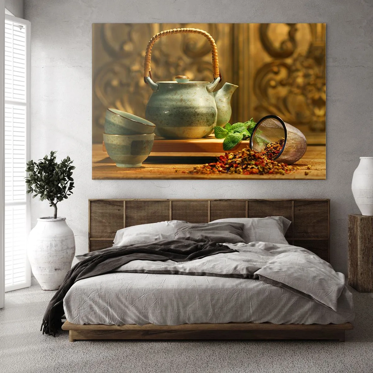 Cuadro sobre vidrio - Impresiones sobre Vidrio - Juego de té de cerámica con hierbas en una decoración clásica. - 70x50cm - Tratado sobre el consumo de té - Decoración de pared moderna para salón y dormitorio ARTTOR
