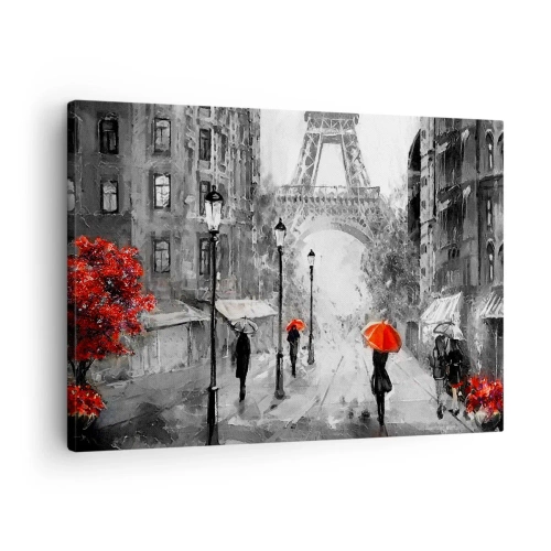 Cuadro sobre lienzo - Impresión de Imagen - Una calle con vistas a la Torre Eiffel y sombrillas rojas. - 70x50cm - Todos los caminos conducen a ella - Decoración de pared moderna para salón y dormitorio ARTTOR