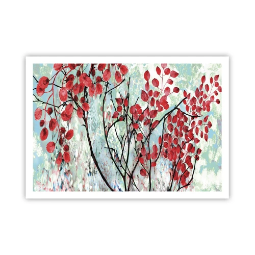 Póster - Hojas rojas contra un cielo brillante con patrones abstractos. - 100x70cm - Un árbol en escarlata - Decoración de pared moderna para salón y dormitorio ARTTOR