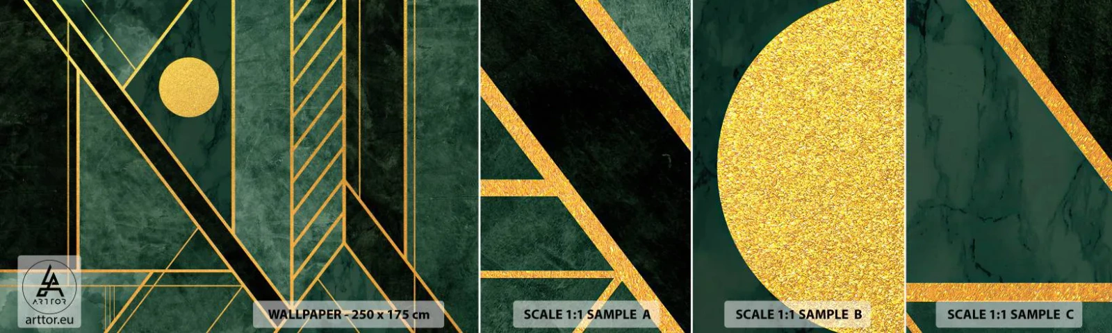 Muestra de fotomural autoadhesivo Deluxe Sticker - La dinámica del oro y el azul - Abstracción, Pedazo, Patrón geométrico - 100x30 cm