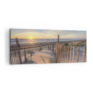 Cuadro sobre lienzo - Impresión de Imagen - Playa al atardecer con valla de madera - 120x50cm - El resplandor y la sombra del viento - Decoración de pared moderna para salón y dormitorio ARTTOR