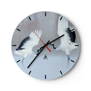 Reloj de pared - Reloj de vidrio - Dos grullas danzantes en un paisaje invernal - 30x30cm - Danza en la niebla - Decoración de pared moderna para salón, cocina y dormitorio ARTTOR