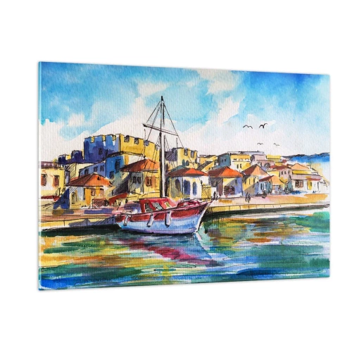 Cuadro sobre vidrio - Impresiones sobre Vidrio - Un colorido puerto deportivo con un velero y arquitectura mediterránea. - 120x80cm - Tarde de arco iris - Decoración de pared moderna para salón y dormitorio ARTTOR
