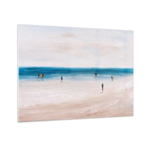 Cuadro sobre vidrio - Impresiones sobre Vidrio - Una playa tranquila con siluetas de personas caminando a lo largo de la línea del mar. - 70x50cm - Necesidad natural - Decoración de pared moderna para salón y dormitorio ARTTOR