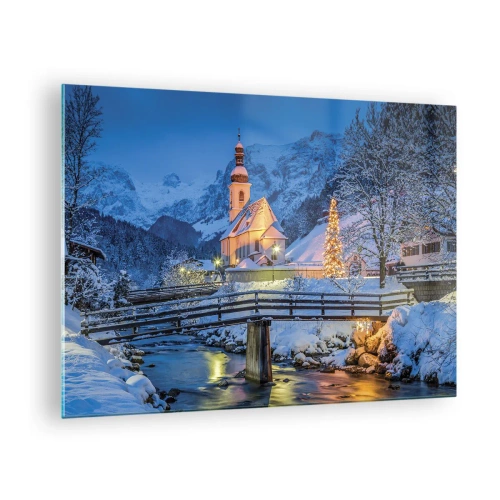 Cuadro sobre vidrio - Impresiones sobre Vidrio - Paisaje navideño en un entorno invernal - 70x50cm - El espíritu de la Navidad - Decoración de pared moderna para salón y dormitorio ARTTOR