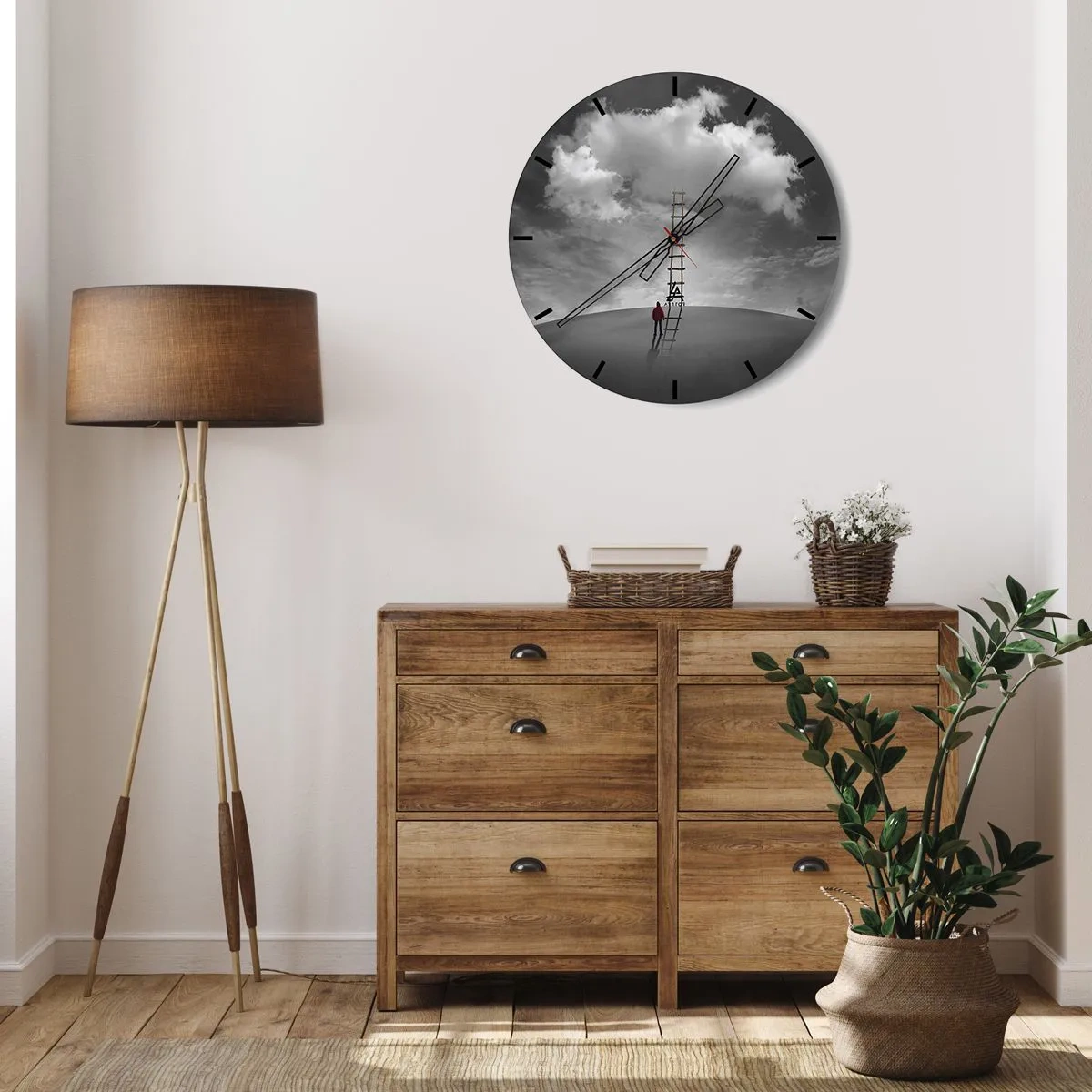 Reloj de pared - Reloj de vidrio - Un hombre subiendo una escalera hacia una nube contra el cielo. - 30x30cm - Todo es posible - Decoración de pared moderna para salón, cocina y dormitorio ARTTOR
