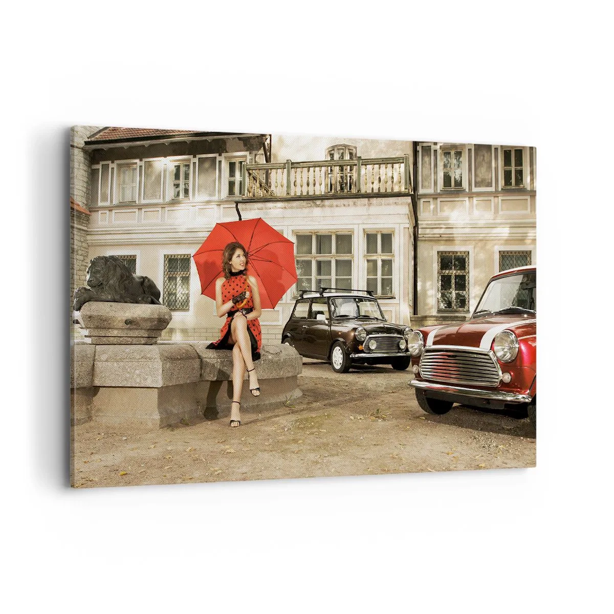 Cuadro sobre lienzo - Impresión de Imagen - Mujer con un paraguas rojo junto a coches clásicos - 120x80cm - Un mini viaje sentimental - Decoración de pared moderna para salón y dormitorio ARTTOR