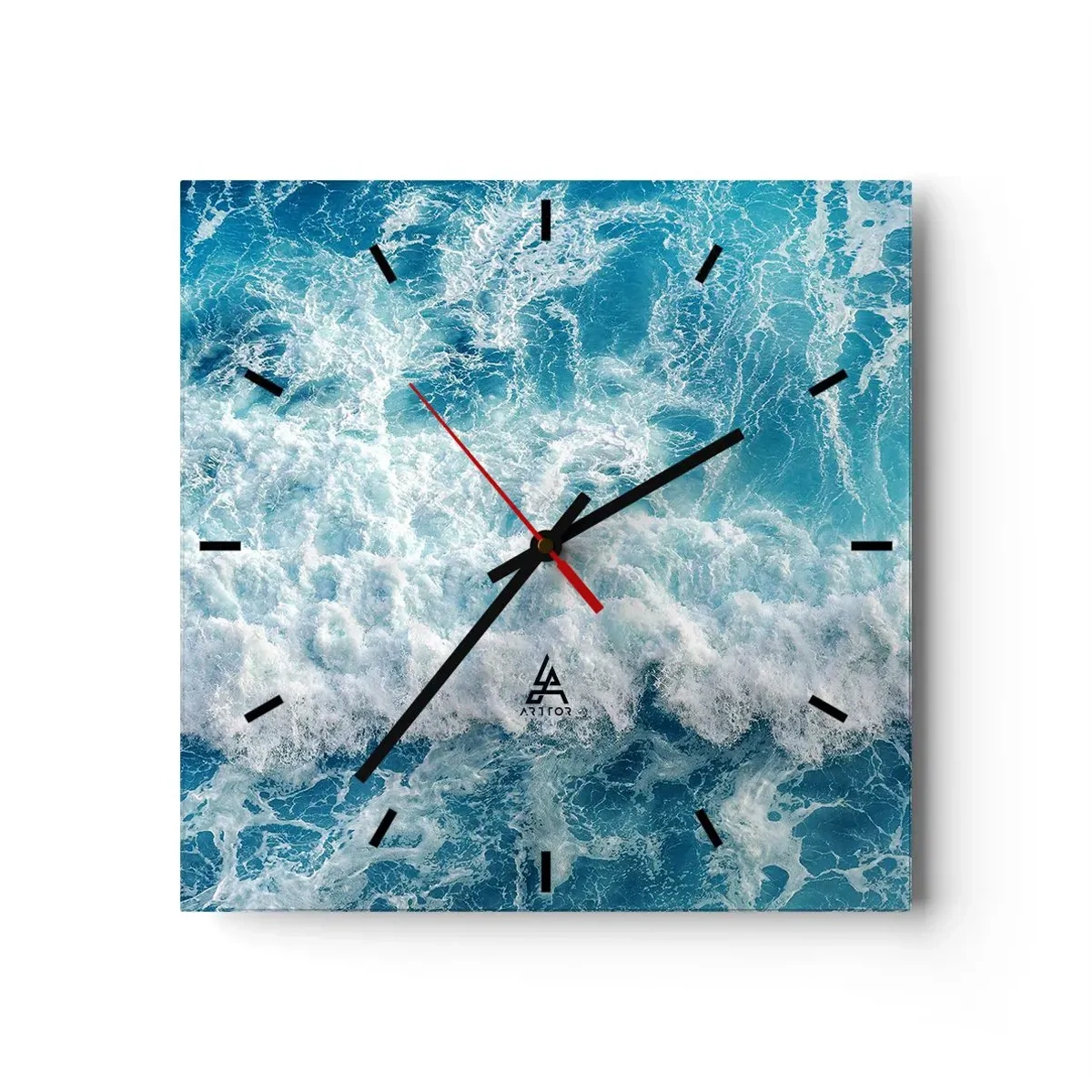 Reloj de pared - Reloj de vidrio - Olas oceánicas dinámicas en tonos azules - 30x30cm - Alegre y con mucho brío - Decoración de pared moderna para salón y dormitorio ARTTOR