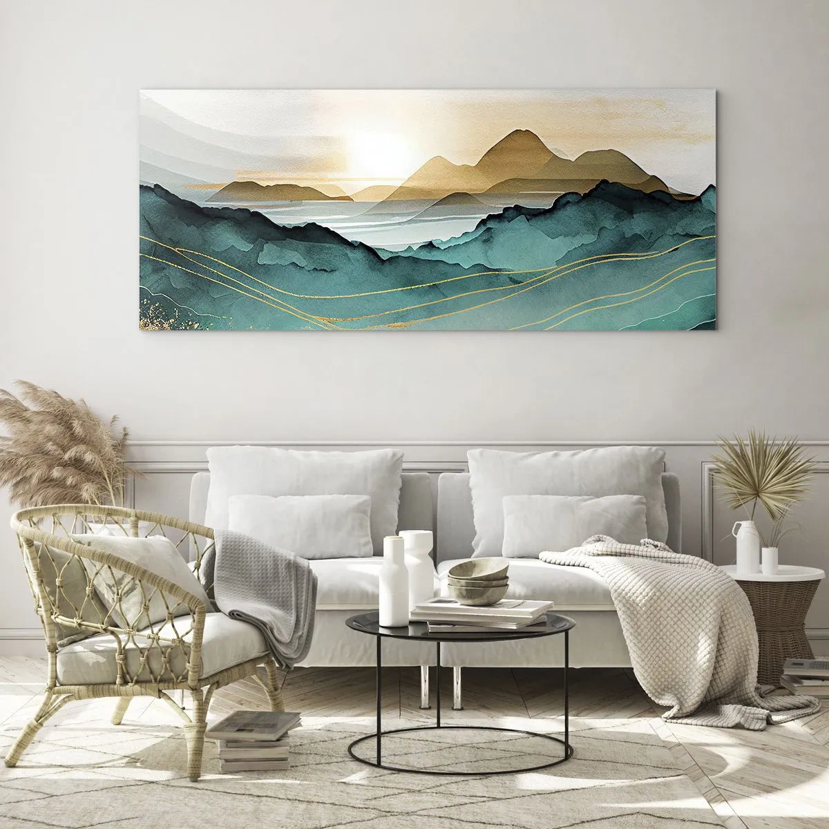 Cuadro sobre vidrio - Impresiones sobre Vidrio - Paisaje abstracto con montañas y acentos dorados. - 120x50cm - Al borde de la abstracción - paisaje - Decoración de pared moderna para salón y dormitorio ARTTOR
