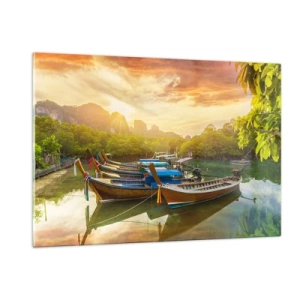 Cuadro sobre vidrio - Impresiones sobre Vidrio - Barcos tradicionales en un paisaje tropical al atardecer. - 120x80cm - Antes de un día ajetreado - Decoración de pared moderna para salón y dormitorio ARTTOR
