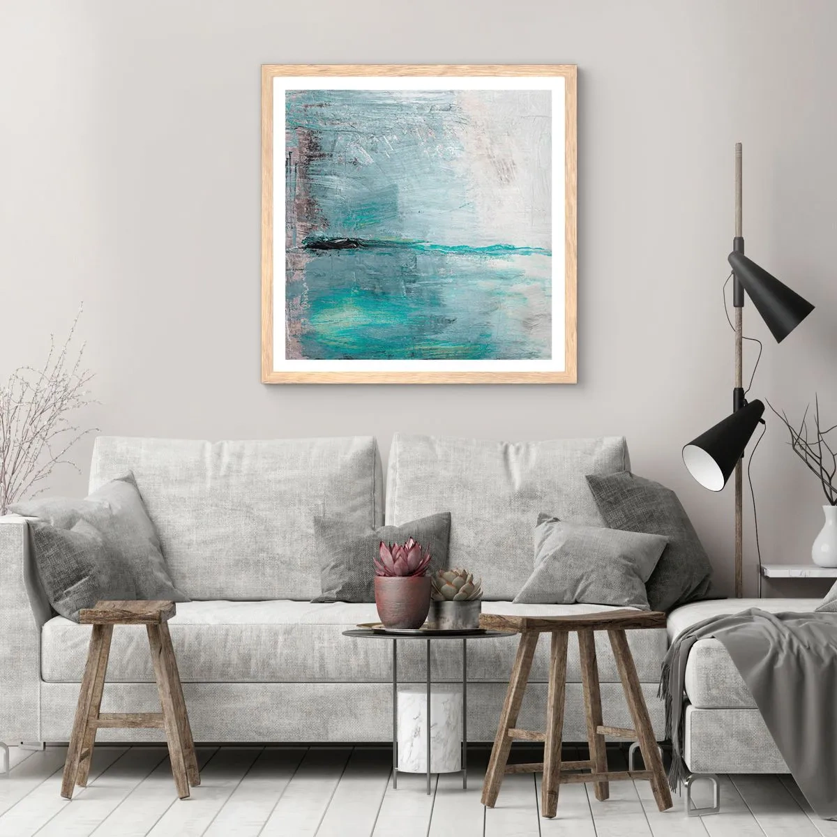 Póster en marco roble claro - Horizontalmente sobre el azul - 40x40 cm