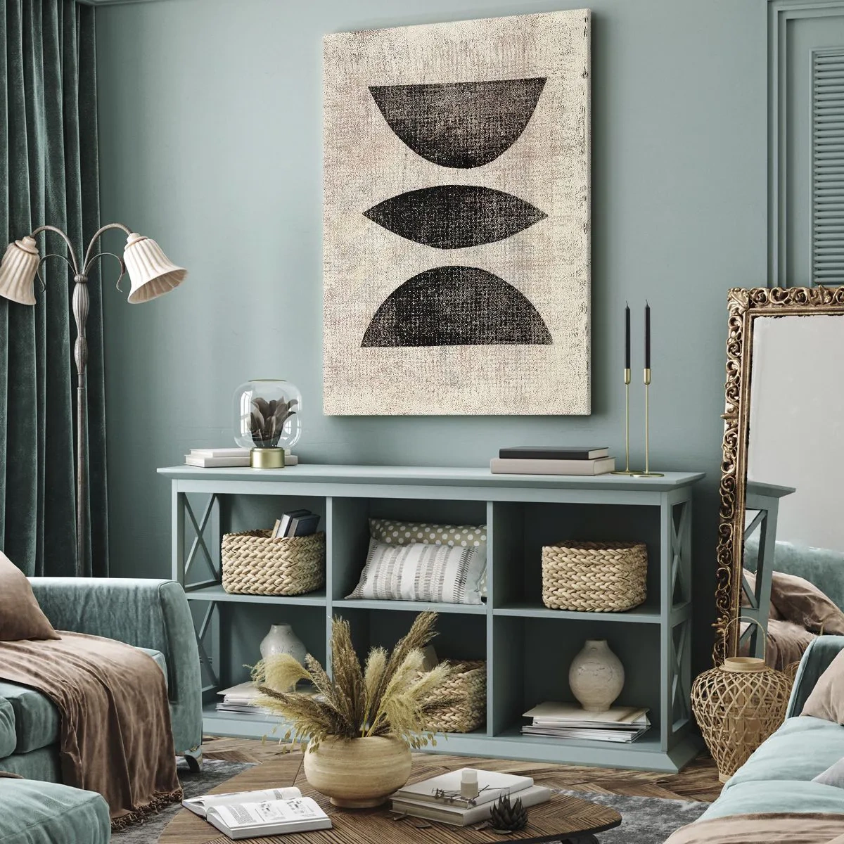 Cuadro sobre lienzo - Impresión de Imagen - Formas étnicas en tonos oscuros sobre un fondo claro. - 50x70cm - Abstracción étnica - Decoración de pared moderna para salón y dormitorio ARTTOR