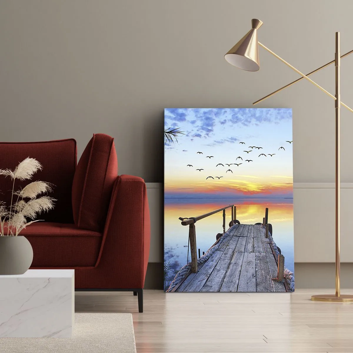 Cuadro sobre lienzo - Impresión de Imagen - Muelle de madera sobre el lago al atardecer - 80x120cm - Es hora de volver... - Decoración de pared moderna para salón y dormitorio ARTTOR
