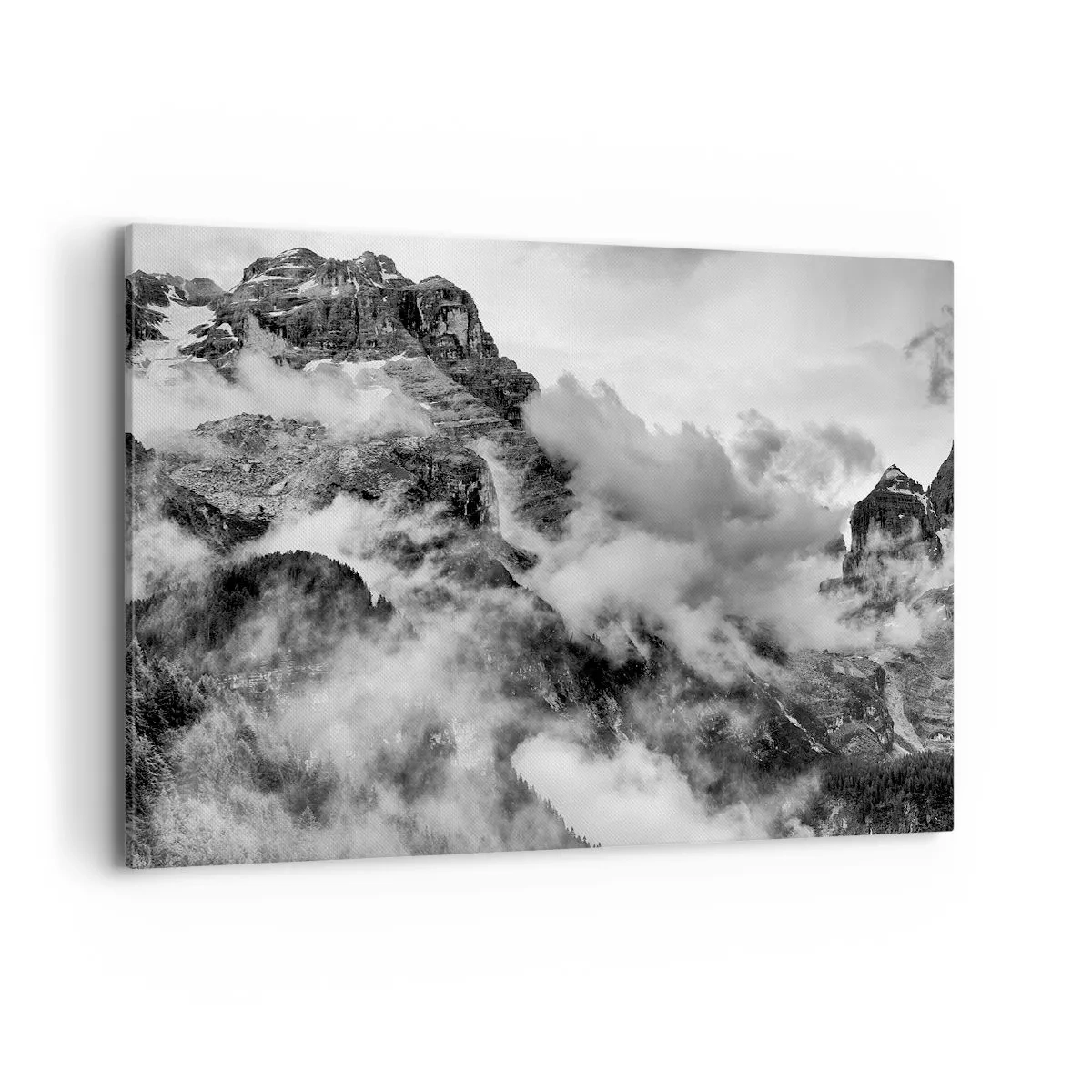 Cuadro sobre lienzo - Impresión de Imagen - Vista en blanco y negro de montañas rodeadas de nubes. - 120x80cm - Hermoso y cruel - Decoración de pared moderna para salón y dormitorio ARTTOR