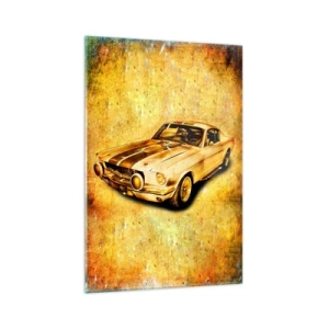 Cuadro sobre vidrio - Impresiones sobre Vidrio - Coche deportivo retro clásico sobre un fondo vintage en tonos dorados. - 70x100cm - Los locos años 70. - Decoración de pared moderna para salón y dormitorio ARTTOR