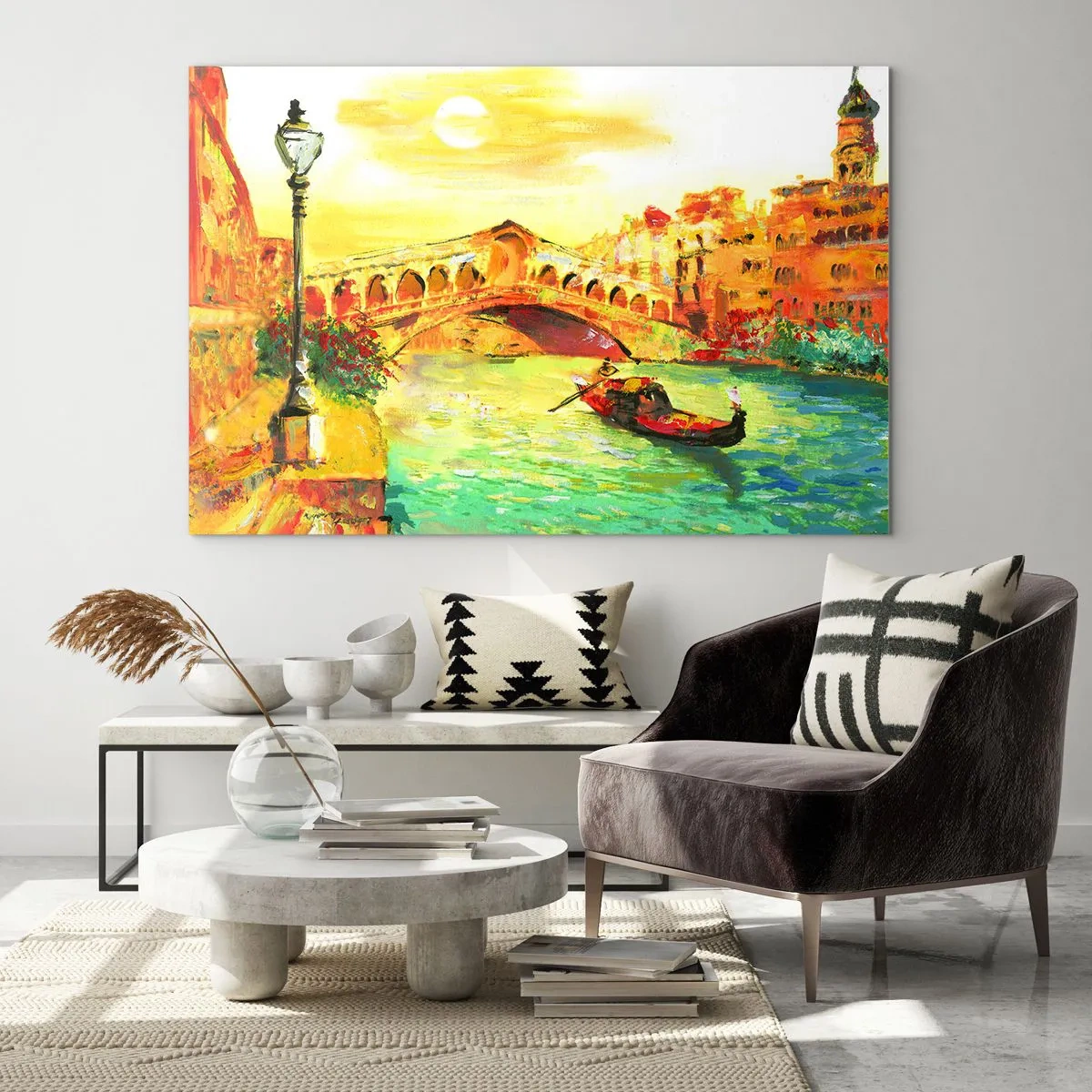 Cuadro sobre vidrio - Impresiones sobre Vidrio - Canal con góndola y puente bajo los rayos del sol poniente - 70x50cm - Peregrinación de los amantes - Decoración de pared moderna para salón y dormitorio ARTTOR