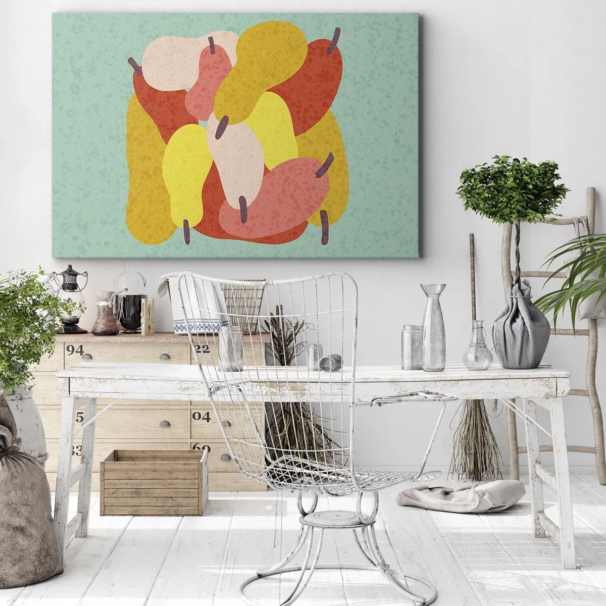 Cuadro sobre lienzo - Impresión de Imagen - Peras abstractas coloridas sobre un fondo verde - 70x50cm - Saborear el sol del verano - Decoración de pared moderna para salón y dormitorio ARTTOR
