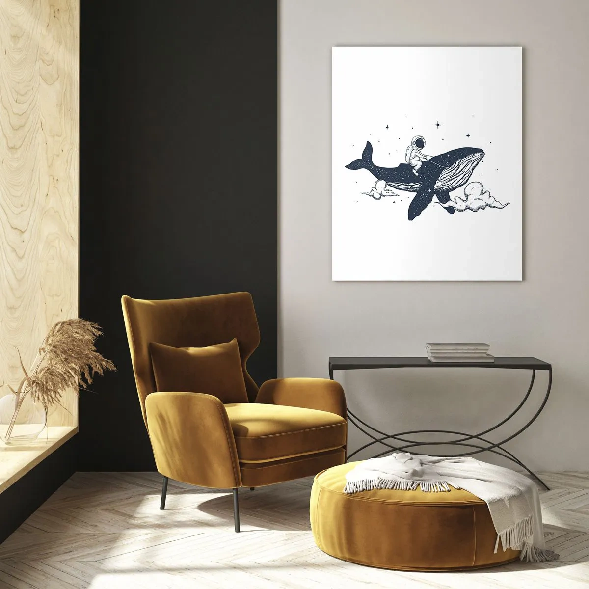 Cuadro sobre vidrio - Impresiones sobre Vidrio - Astronauta montando una ballena entre estrellas y nubes - 50x70cm - Una aventura cósmica - Decoración de pared moderna para salón y dormitorio ARTTOR