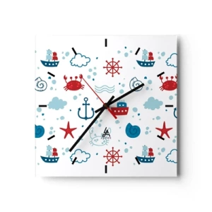 Reloj de pared - Reloj de vidrio - Patrón náutico con anclas, barcos y cangrejos. - 30x30cm - Un cuento de mar - Decoración de pared moderna para salón y dormitorio ARTTOR
