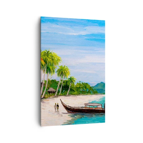 Cuadro sobre lienzo - Impresión de Imagen - Una playa exótica con palmeras y un barco en la orilla. - 80x120cm - Un sueño exótico - Decoración de pared moderna para salón y dormitorio ARTTOR